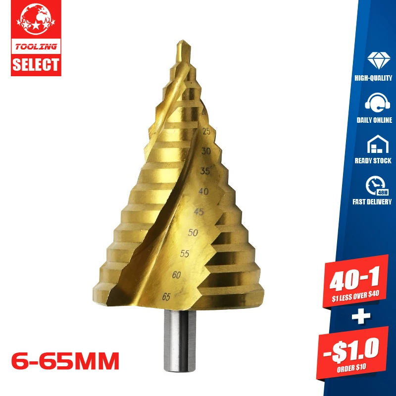 

4241 HSS Spiral Groove Step Drill Bit 6-65MM Triangular Handle Titanium Plating Hole Drill Woodwork Electric Drill Accessories