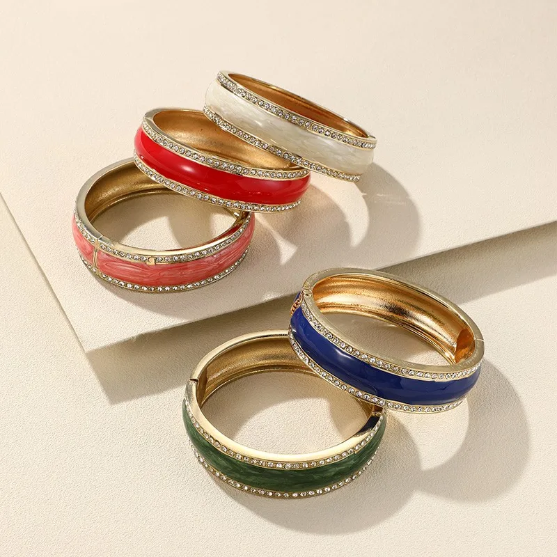 

2023 Luxury Crystal Open Bracelet Bangles for Women Stainless Steel Charm Thin Bangle Vintage Big Colorful Jewelry for Girls