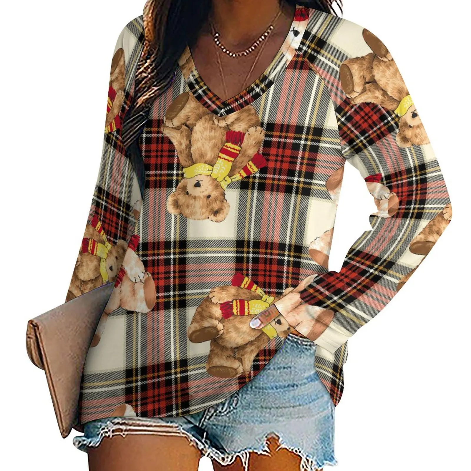 

Cute Bear Print T-Shirt Retro Plaid Retro Long-Sleeve T-Shirts Street Style Oversize Tee Shirt Women Graphic Tops Gift