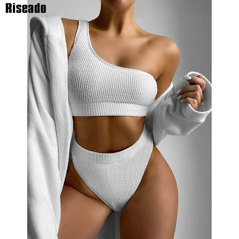 

Riseado Textured Sexy Bikini 2022 Women Swimsuits High Waist Swimwear Women One Shoulder Bikinis Set New White Summer Beachwear