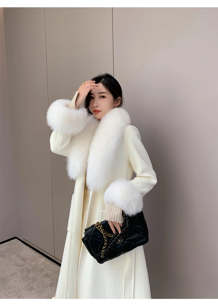 Women Winter Real Fur Coat Long Jacket Natural Fox Fur Collar Cashmere Wool Blends Thick Warm Outerwear Belt Ladies Streetwear