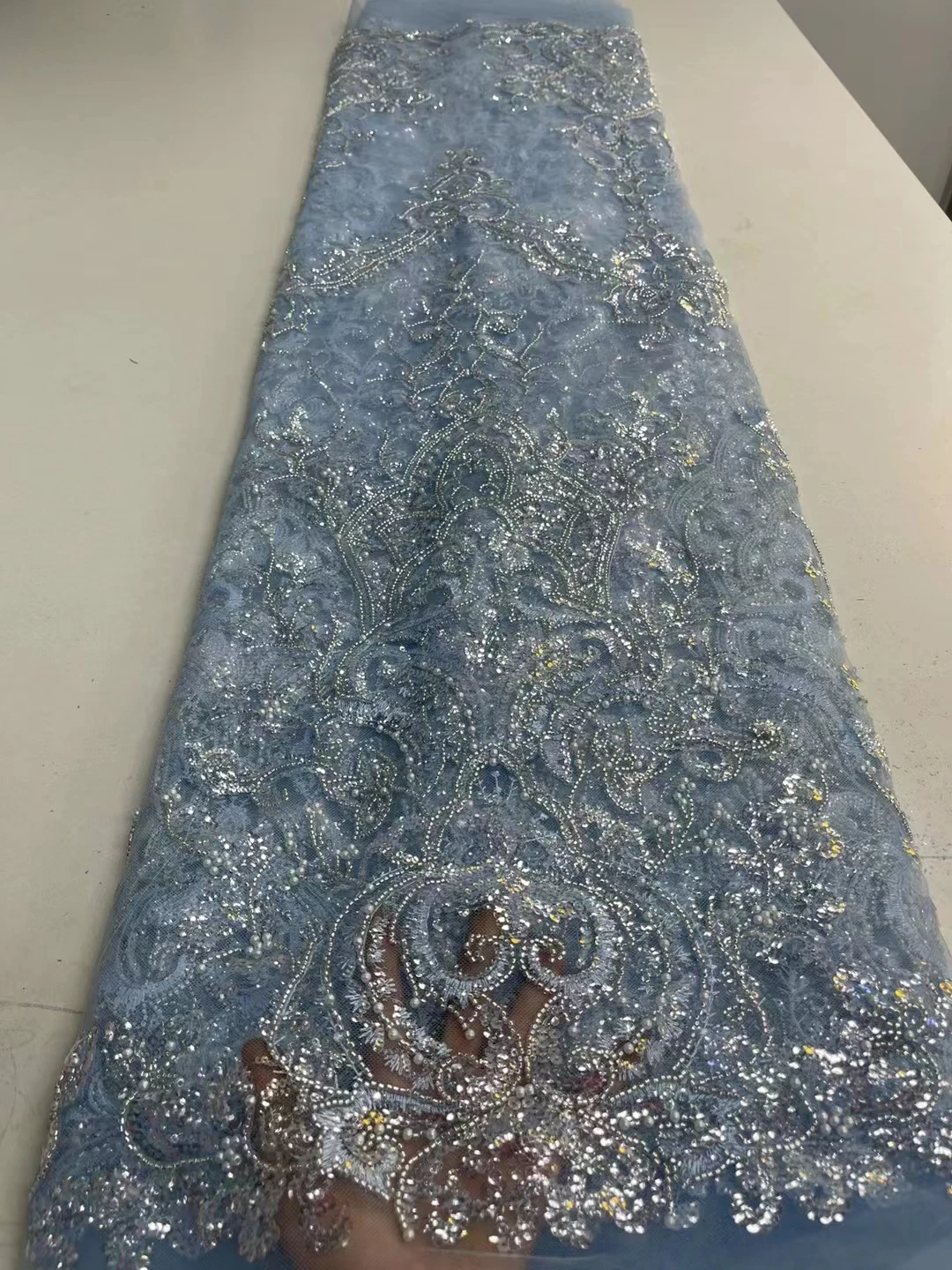 

African lace fabrics 2022 High Quailty Elegant Nigerian Blue Sequin Fabric with Beaded Bridal Fabric For Dress