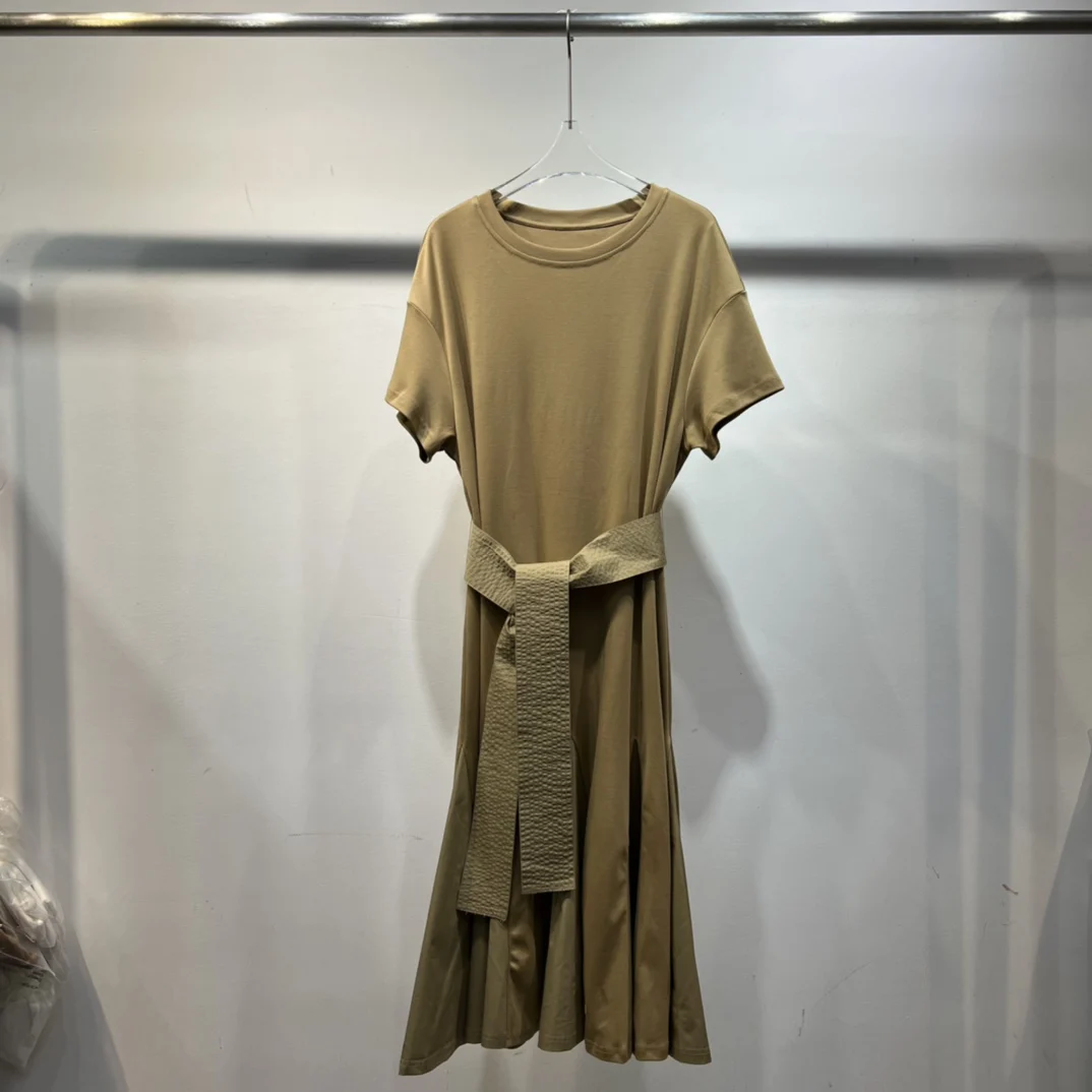 

2022 new women fashion short-sleeved round neck tie split stitching umbrella dress 0622