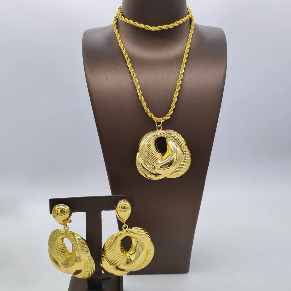 

Necklace Earrings Jewelry Sets Ethiopian 18k Gold Plated Hoop Earrings and Necklace Wedding Party African Accessory Bridal Gifts