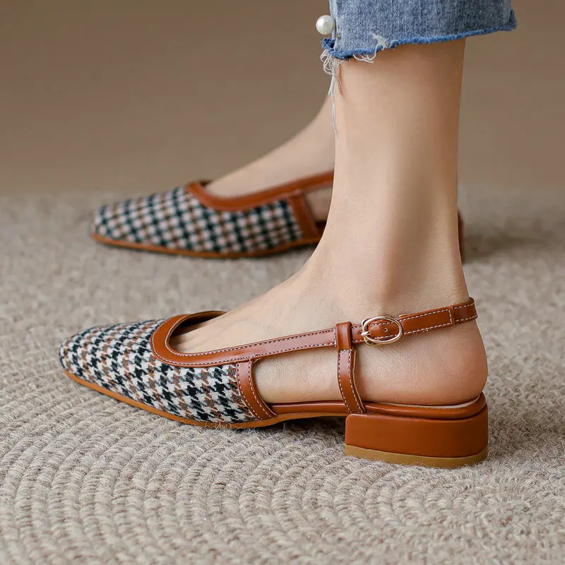 

Plaid Houndstooth Closed Toe Square Chunky Low Heels Women Summer Slingbacks Shoes Small Size 32 33 Girls Luxury Brand Sandals