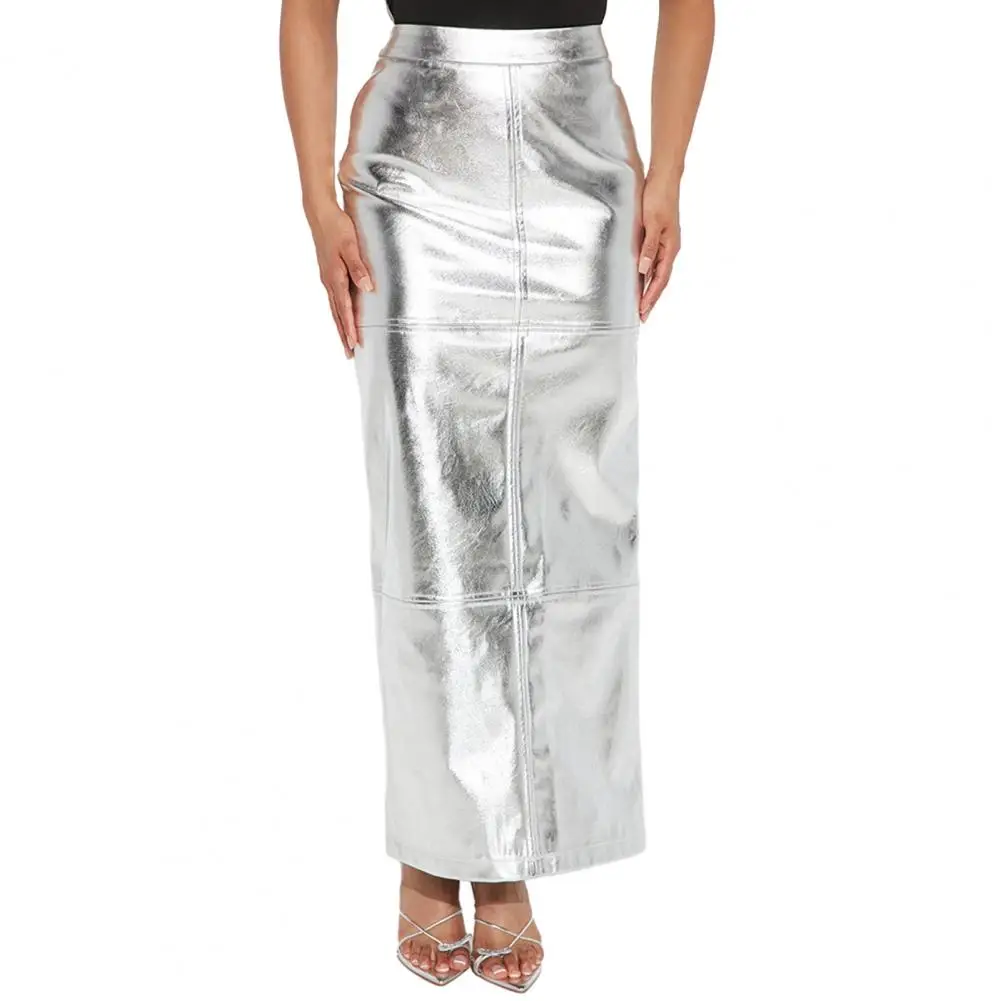 

Women Maxi Skirt Shimmering Maxi Skirts High-waisted Slim-fit Streetwear-ready with Back Split Hidden Zipper for Fashionable