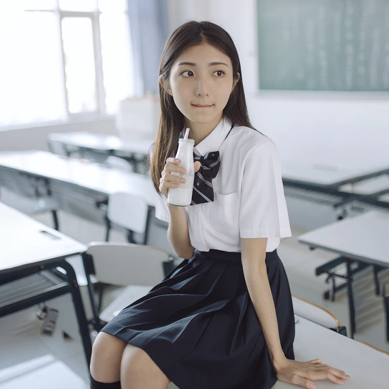 

Japanese School Uniform Korean High School Girl White Shirt Bow Tie Pleated Skirt Set Plaid Skirt Sexy JK Uniforms Seifuku