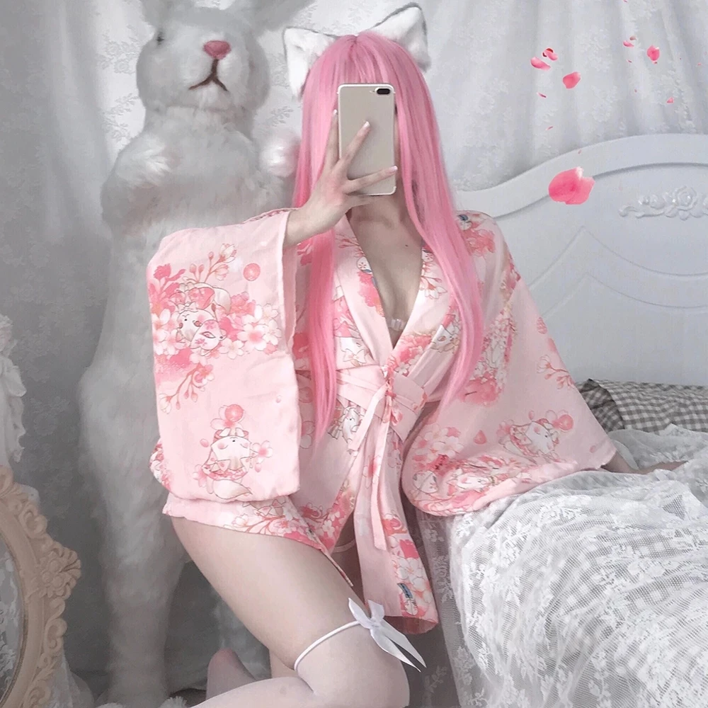 Anime Ladies Janpanese Traditional Kimono Cosplay Costumes Home Oufit Women Kawaii Pink Cute Lingerie Pajamas Suit Sleepwear