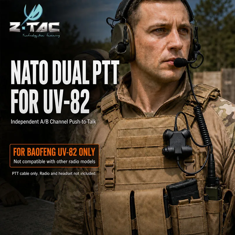 Фото Двухканальный PTT-переключатель Z-TAC с разъемом стандарта NATO для радиостанции Baofeng UV-82, тактический адаптер-кабель для гарнитуры, шнур для рации №1