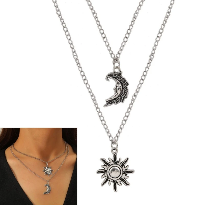 

Double Layer Long Moon Retro Metal Necklace Sparkling Multilayer Clavicle Chain Wedding Jewelry Party Birthday Gift