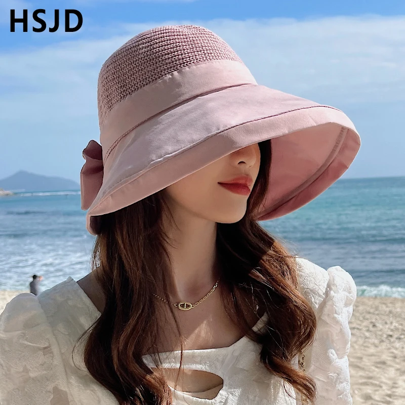 Пляжная шляпа с бантом и широкими полями для женщин однотонная Панама от солнца