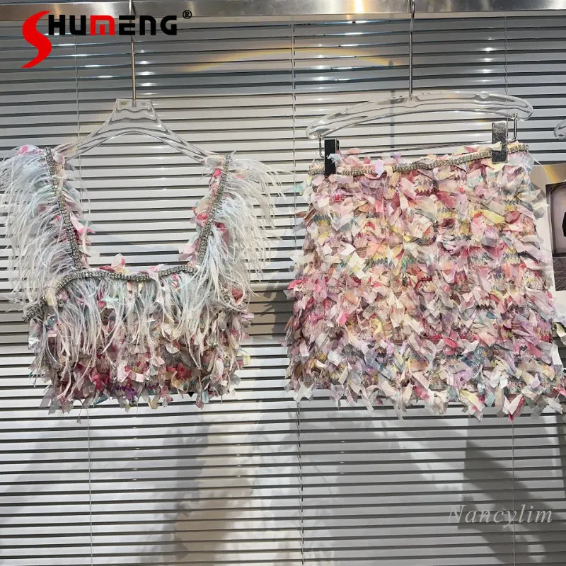 

Petals Skirt Set for Women 2023 Summer New High-End Ostrich Feather Diamond Edge Sling Vest Top + Color Mini Skirt 2 Piece Sets