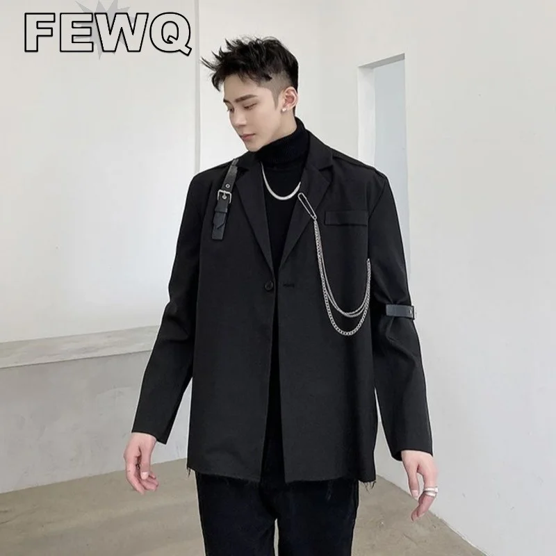 

FEWQ Menswear Fashion Personality Chain Design Blazers Men's New Notched Single Button Long Sleeve Suit Jacket Tide Autumn 2023