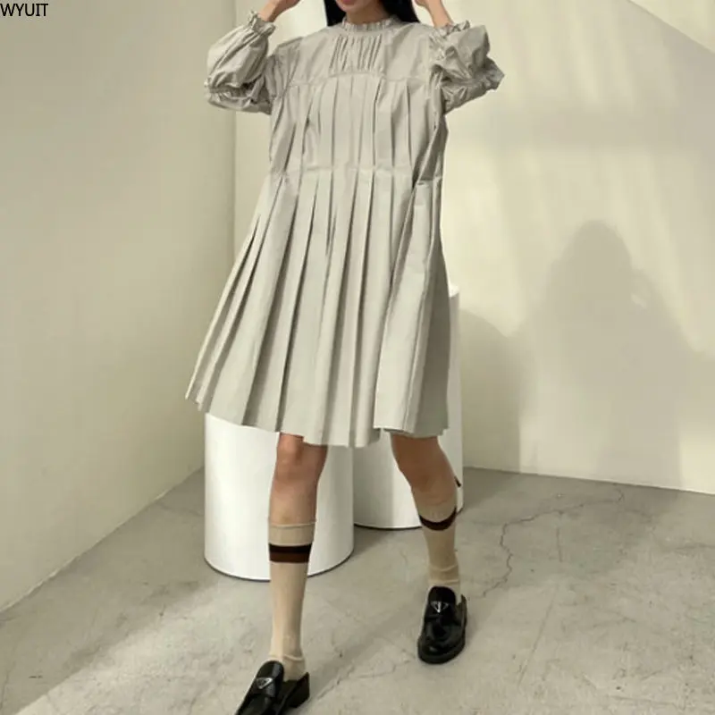 

Винтажное плиссированное платье с оборками и круглым вырезом, элегантное модное мини-платье-рубашка с длинным рукавом, женское повседневно...