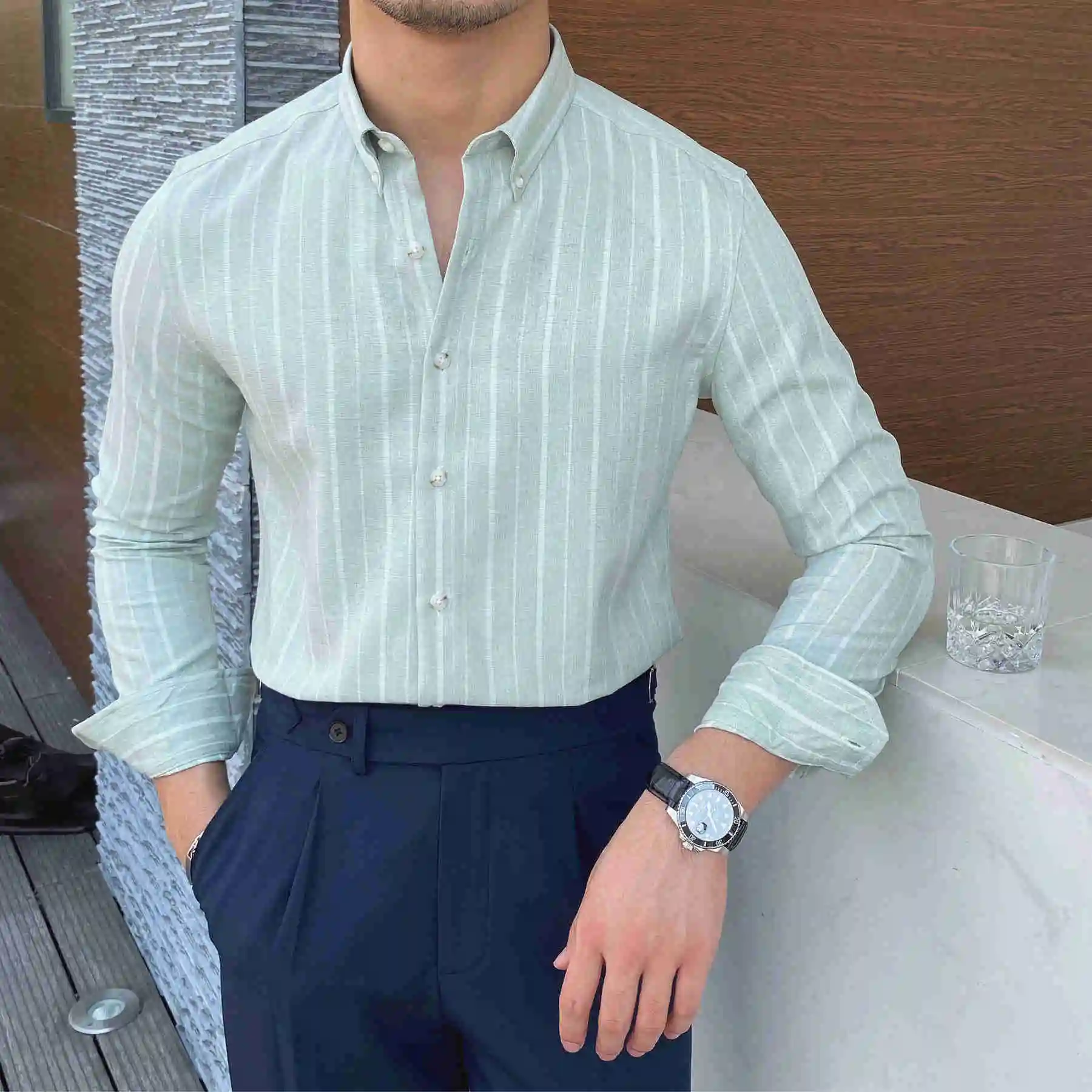 

Spring British Casual Slim Retro Dress Camisa Masculina Social Italian 2022 Summer Men Long Sleeve Striped Shirt