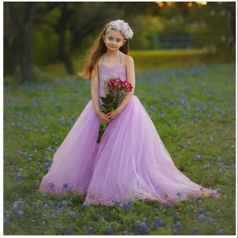 

Платье для девочки с цветочным рисунком, Тюлевое платье без рукавов, с аппликацией и рюшами, со шлейфом, для свадьбы, для дня рождения, для детей