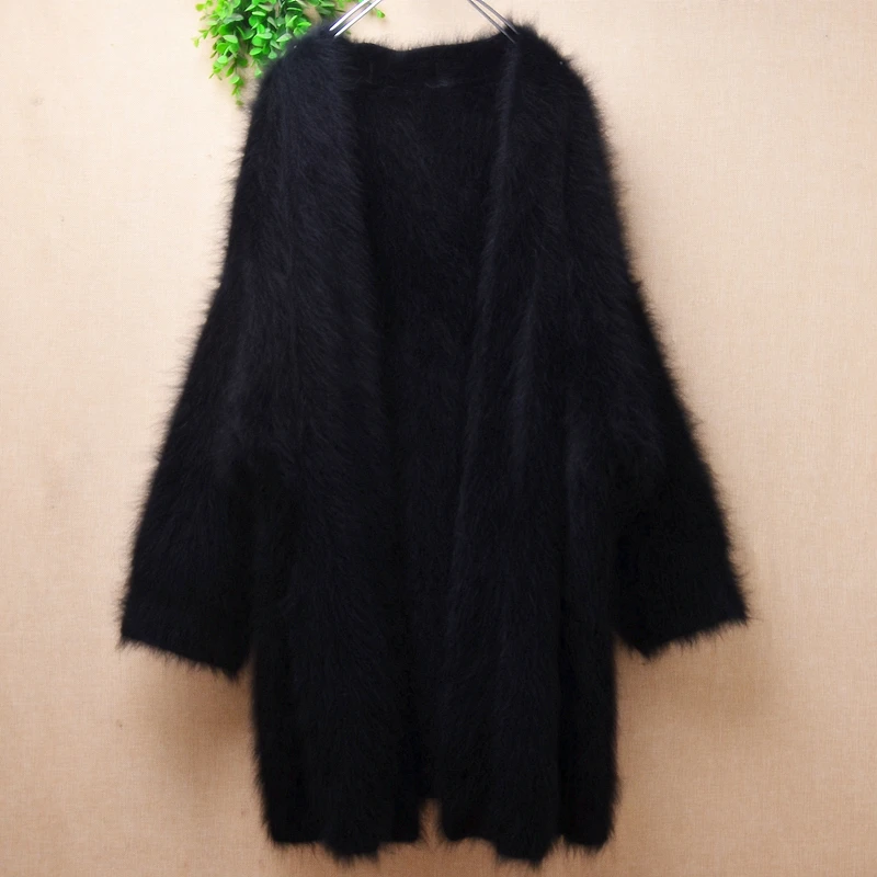 

Female Women Fall Winter Clothing Black Hairy Plush Mink Cashmere Knitted Loose Cardigans Mantle Angora Fur Coat Sweater Pull