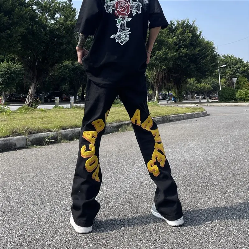2022 High Street Letter Embroidery Hip Hop Straight Black Jeans For Men Y2K Pants Baggy Harajuku Denim Trousers Pantalon Homme