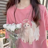 100 cotton sweet pink tshirt women summer cute angel kitty print loose short sleeve top tee y2k aesthetic tshirt kawaii clothes