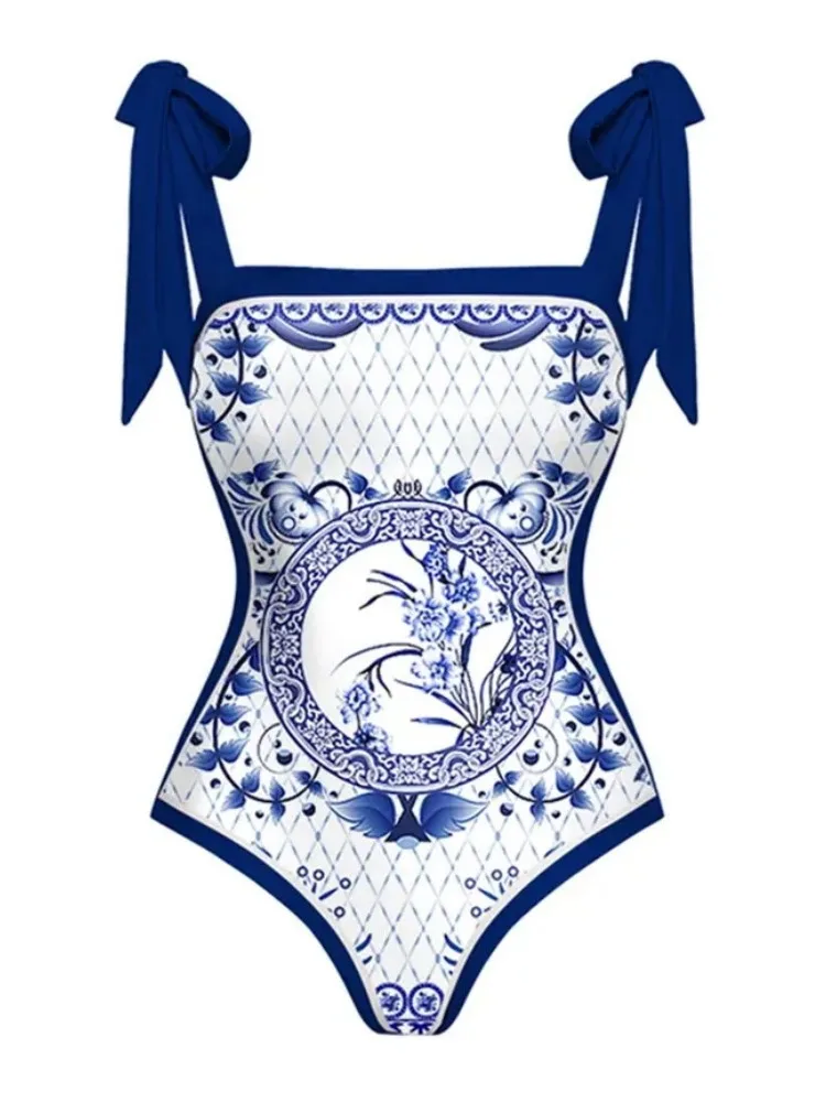 Vintage One Piece Swimsuit Women Summer Blue Floral Print Swimwear with Beach Skirt Cover Ups Mesh Swimming Bathing Suit Bowknot