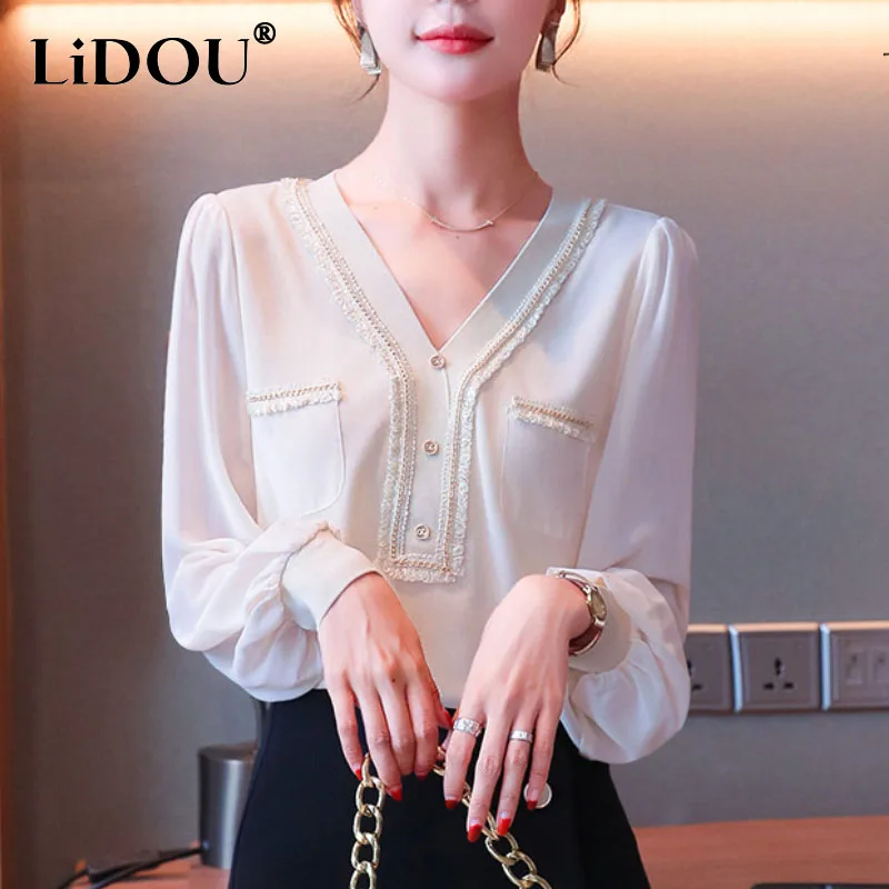 

Spring Autumn Solid Color Elegant Loose Buttons Blouse Women Long Sleeve Korean Fashion Office Lady Pullovers All Match Clothes
