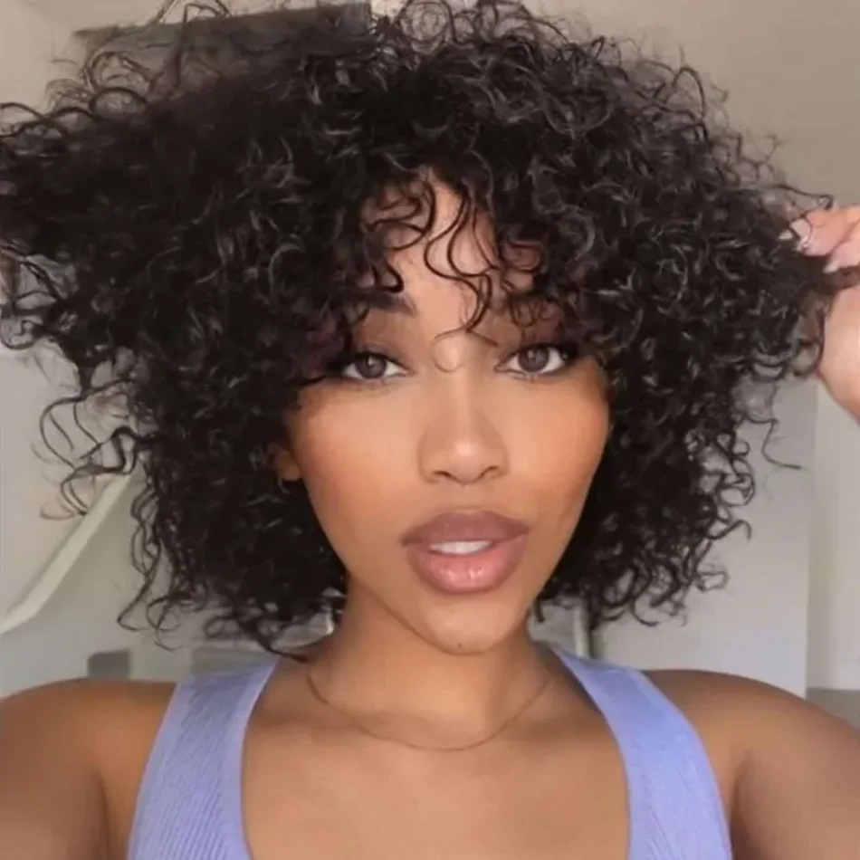 

Unice Hair Short Cut Bouncy shaggy Curly Bob Wig With Bangs Throw On & Go Glueless Wig for Women Human Hair Full Machine