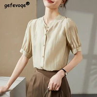 summer solid color loose casual aesthetic shirt women short sleeve office lady chic sweat blouse female all match femme clothes