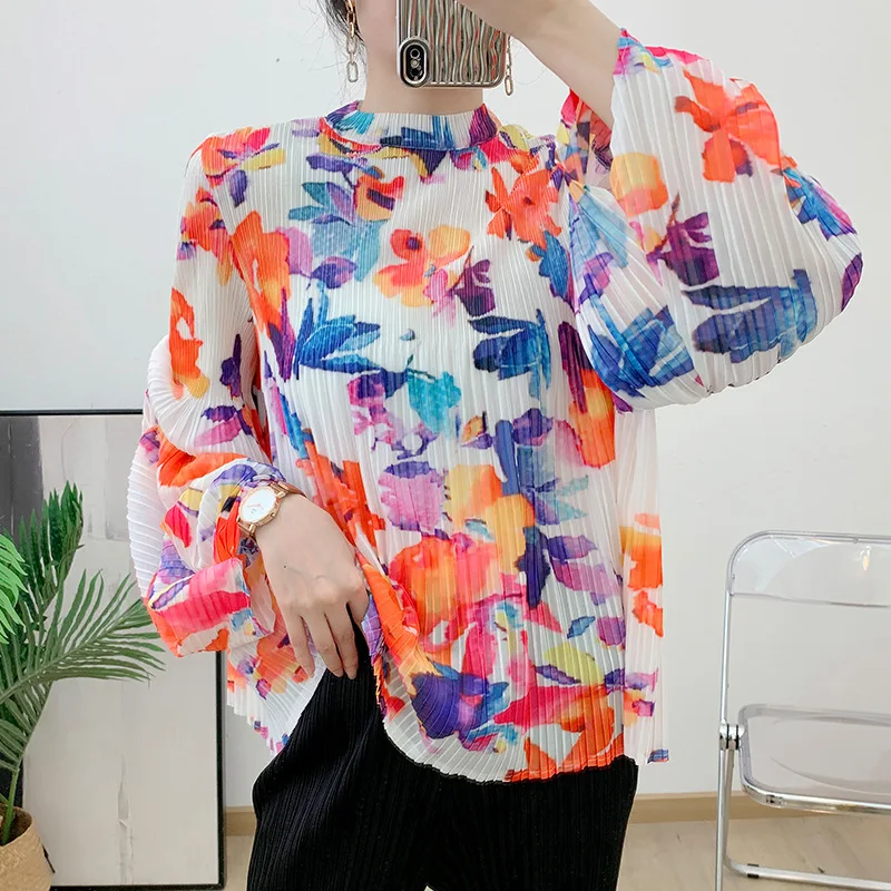 

Женская модная плиссированная футболка, свободный универсальный топ с принтом и пузырьковым рукавом, яркие футболки с графическим принтом для девушек, новинка 2023