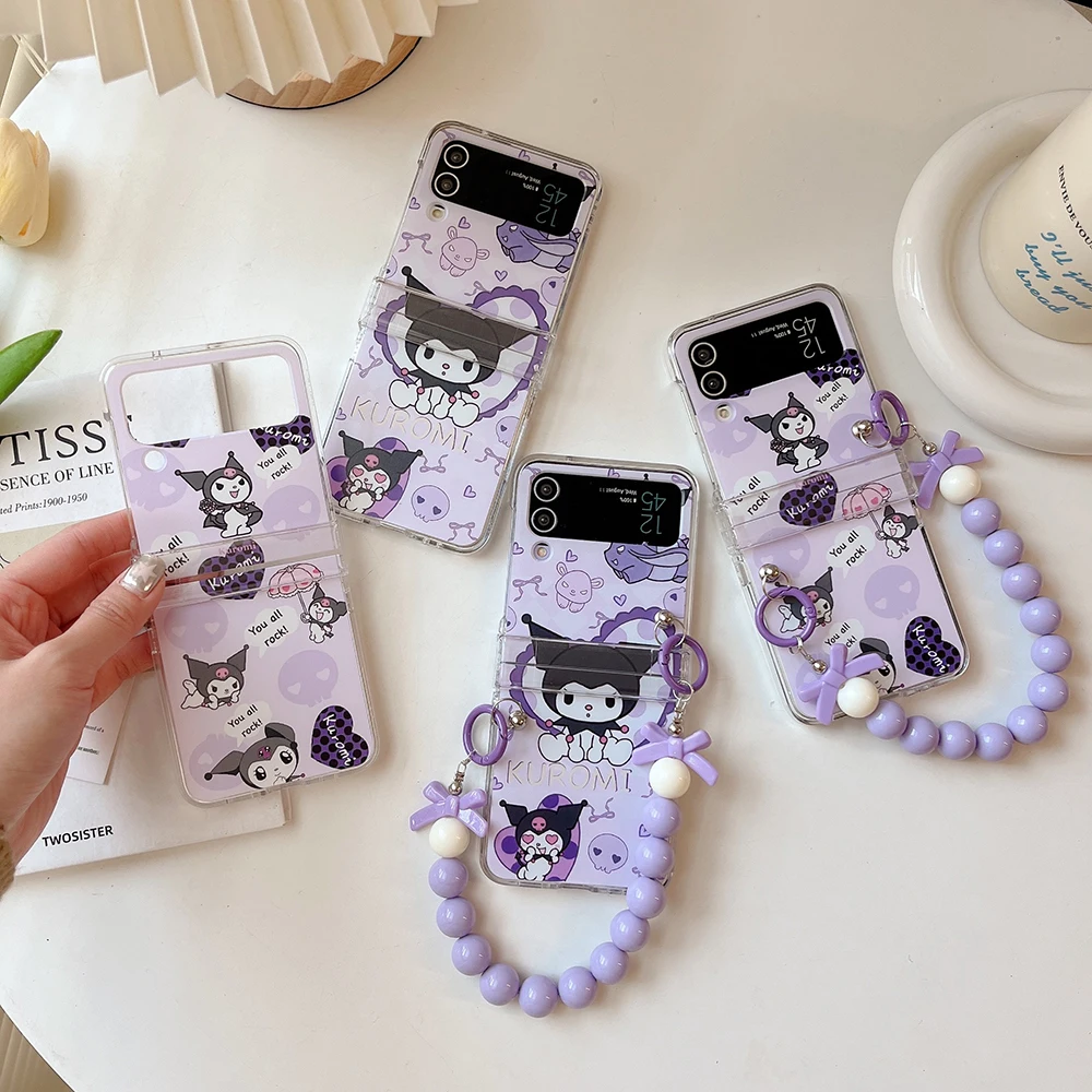 

Cute Cartoon Sanrio Kuromi With Lanyard Phone Case for Samsung Galaxy Cover ZFlip3 ZFlip4 5G Fold Y2k Girl Anti-drop Cover Coque