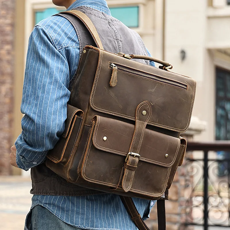 

Retro business leather Double shoulder computer bag men's bag cowhide travel backpack crazy horse leather large capacity backpac