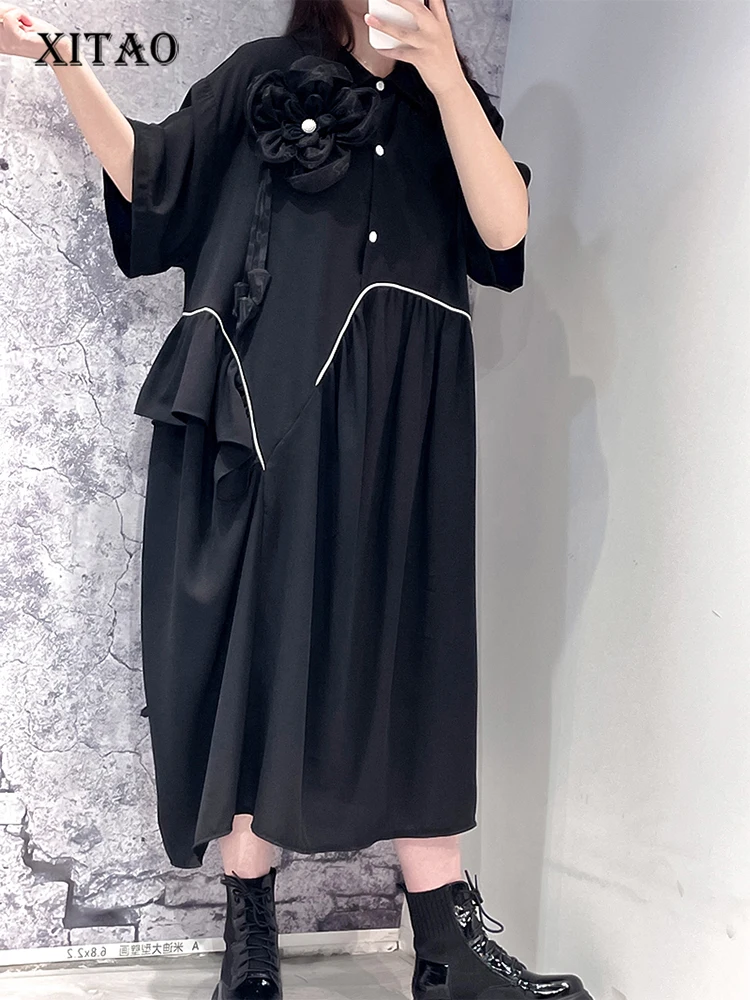 

XITAO Black Dress Asymmetrical Ruffles Patchwork Women Casual Dress Loose Fashion Summer New Folds Short Sleeve GJ0006