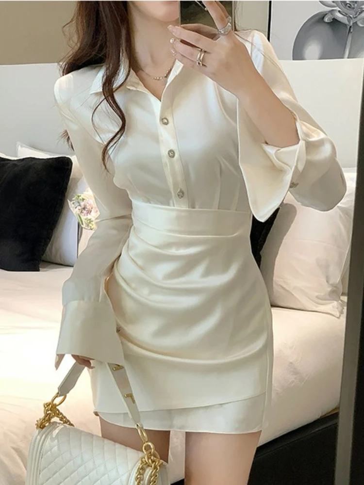 

Winter Elegant Satin Dress Women France Button Designer Party Mini Dress Female Korean High Waist Solid Casual Slim Dress 2022