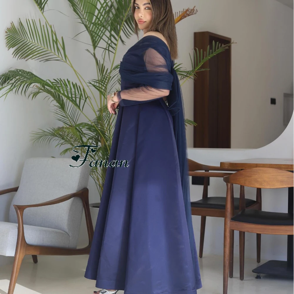 Фото Customized Blue A-line Off the Shoulder Evening Dress Tulle ILLISION Sleeves Draped Party Prom Gown Ankle Length Backless Gown №3