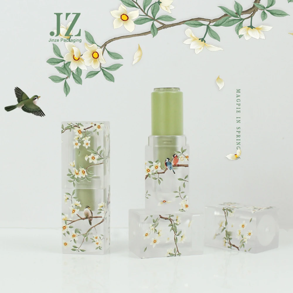 DIY 3.5ML Lipstick Refillable Bottles Spring Green Flowers Magpie Printing Square Tubes Chinese Ancient Lip Balm Container