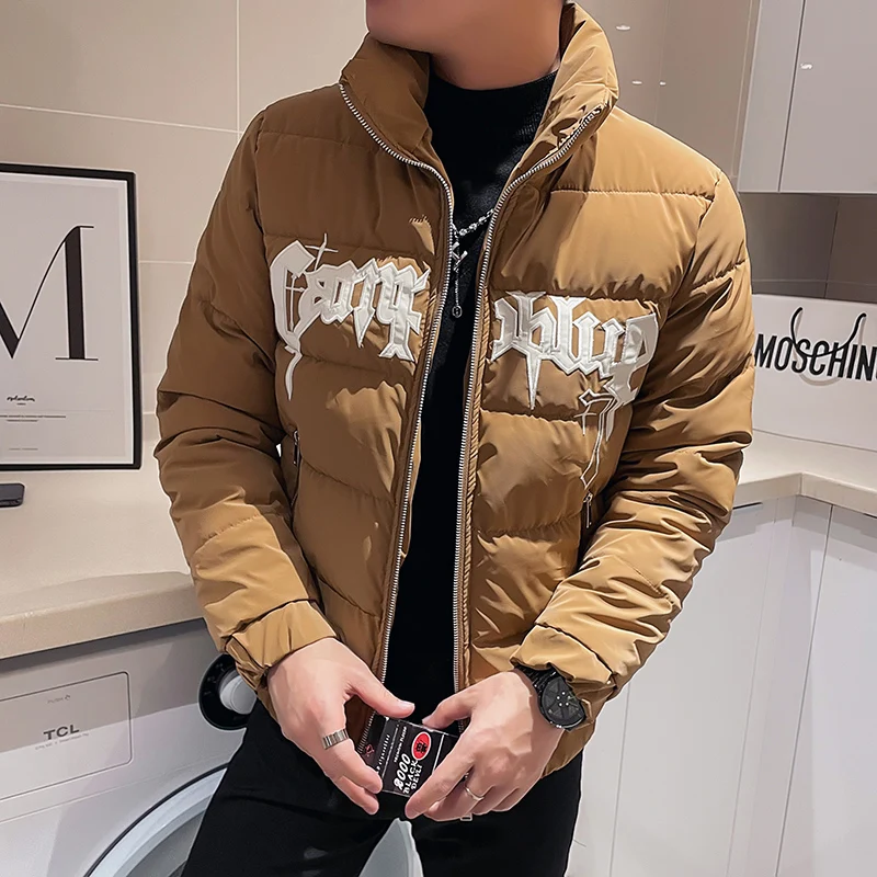 2022 Winter Thicken Keep Warm Men's Short Parka Tops Stand Collar Embroidery Jackets Slim Casual Zipper Men Clothing Streetwear