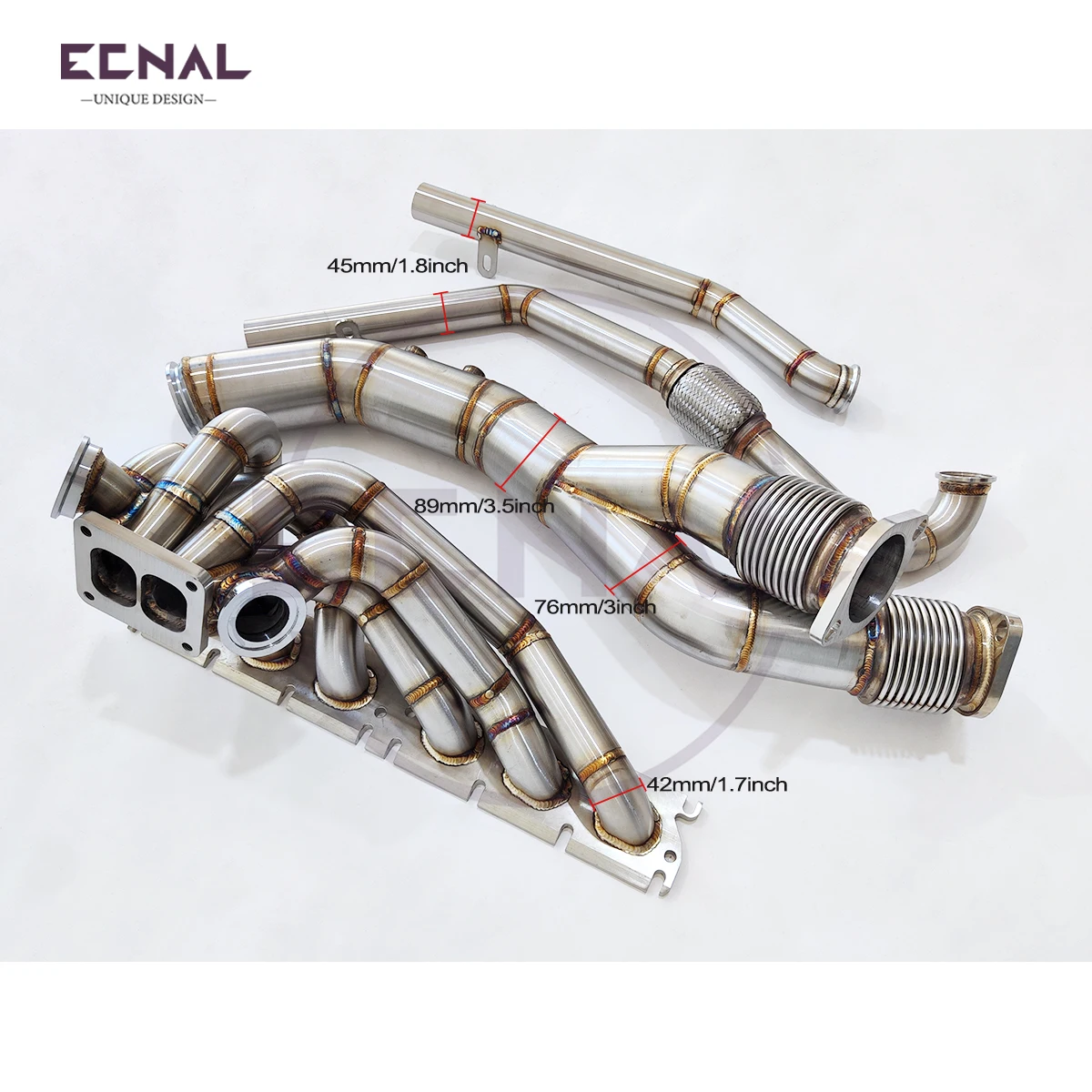 Фото Выпускной коллектор Ecnal для S58 G80 G82 M3 M4 с одним турбинным выходом, подключаемый к Garrett PTE, с выхлопной трубой T4 Shell для автомобилей №2