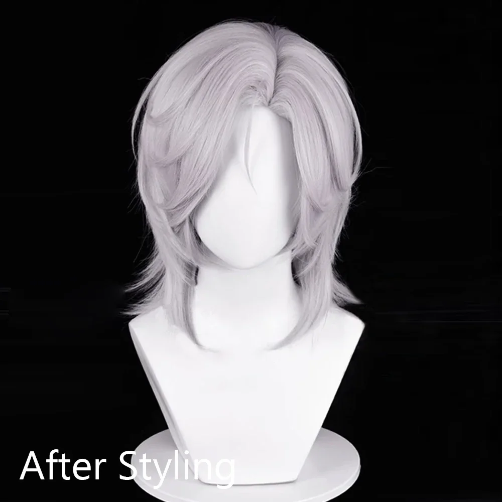 Короткий прямой синтетический серебристо-белый парик пушистый мужской