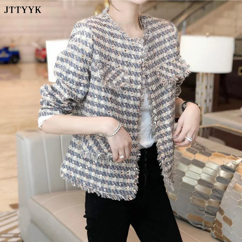 2022 Early Spring French Retro Small Fragrant Wind Tweed Jackets Autumn New Female Long-sleeve Casual Woven Cardigan Outerwear