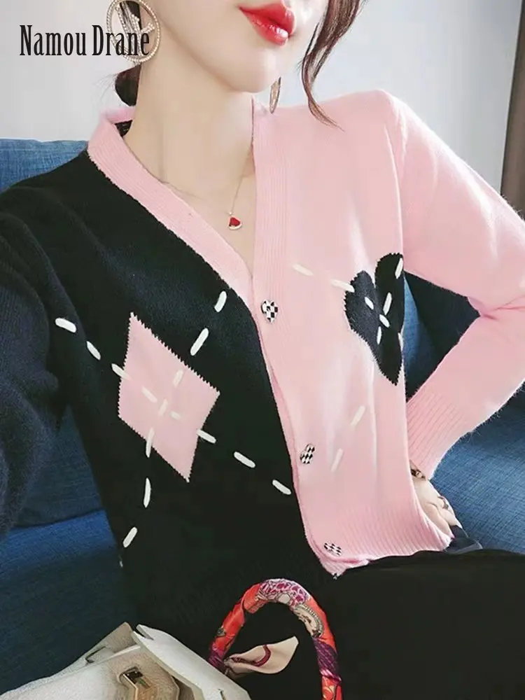 

Namou Drane Temperament V Neck Knit Cardigan Jacket Female Autumn Winter 2022 New Casual Fashion Color Tender Wind Lady Sweater