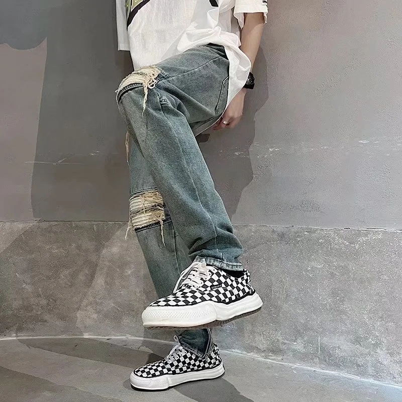 Summer Ripped Skinny Jeans Men Slim Fashion Casual Blue Straight Jeans Men Streetwear Hip Hop Holes Denim Pants Mens Trousers