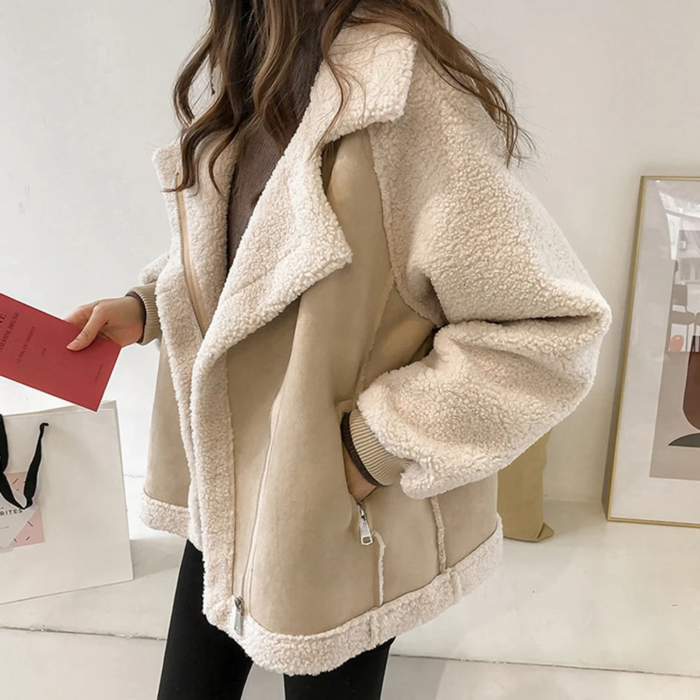 2023 New Autumn Winter Woman Faux Suede Warm Jacket Coat Vintage Lamb Wool Warm Long Sleeve Casual Loose Zipper Ladies Outerwear