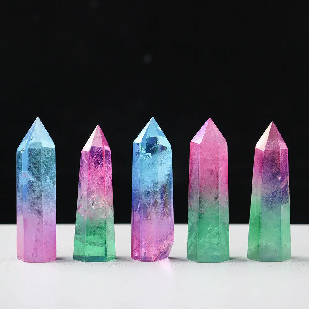 

Natural Electroplated Colorful Crystal Quartz Obelisk Wand Point Reiki Healing Pink Blue Green Hexagonal Prism Tower Decorations