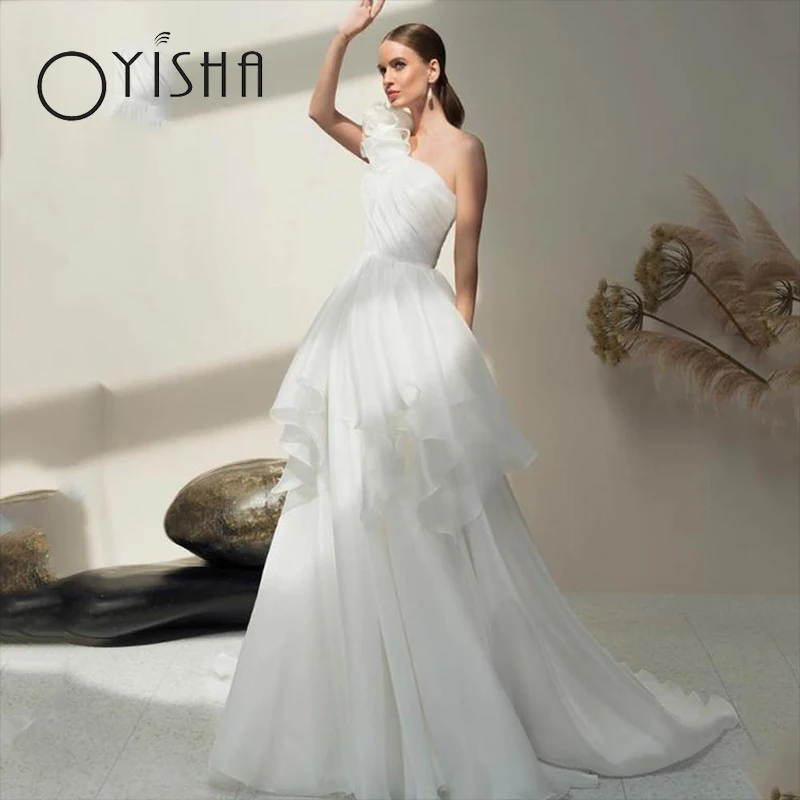 

OYISHA Elegant A-line Wedding Dress For Brides One-shoulder Pleated Vestidos De Novia Draped Ruffles Simple Organza Bridal Gowns