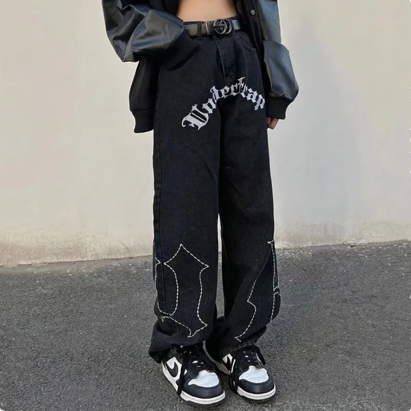 2022 High Street Letter Embroidery Black Oversize Men Hip Hop Jeans Trousers Harajuku Straight Women Baggy Vintage Denim Pants