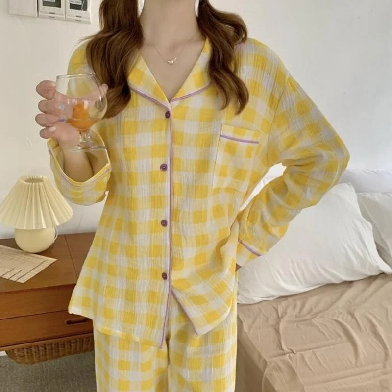 QWEEK Cotton Women's Nightwear Korean Sleepwear Plaid Pajamas Female Set Woman 2 Piece Pijama Long Sleeve Pyjamas Home Suit Pjs