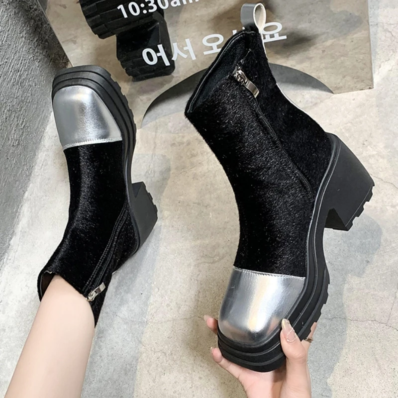 

Winter New High Heels Shoes Women Leopard Suede Ankle Chelsea Boots Square Toe Motorcycle Boots Zipper Fashion Goth Snow Botas
