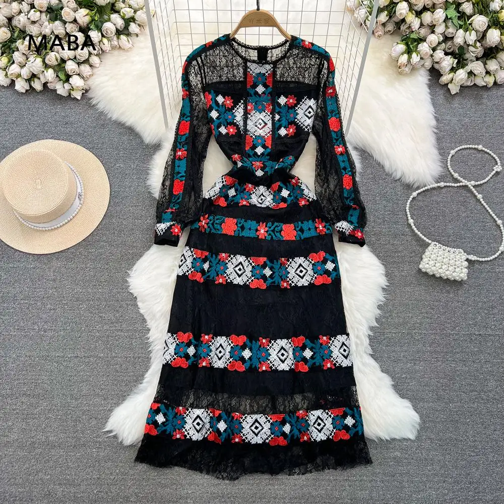 

Женское кружевное платье макси, элегантное ажурное дизайнерское платье с цветочной вышивкой, длинным рукавом и круглым вырезом, осень