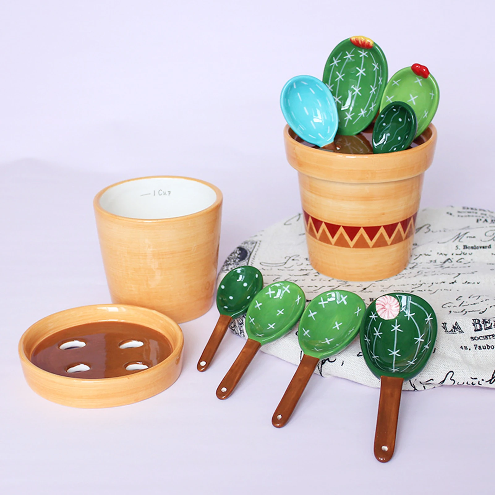 

Creative Cactus Ceramic Measuring Cups And Spoon Baking Scale Measuring Spoon Household Kitchen Salt Sugar Spoon Tableware