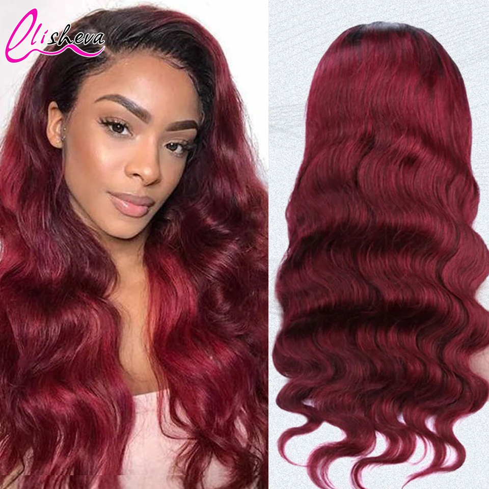

1B Burgundy 13x4 Body Wave HD Transparent Lace Front Wig Human Hair Chocolate Brown 1B 30 Ombre Human Hair Wigs For Woman 180%