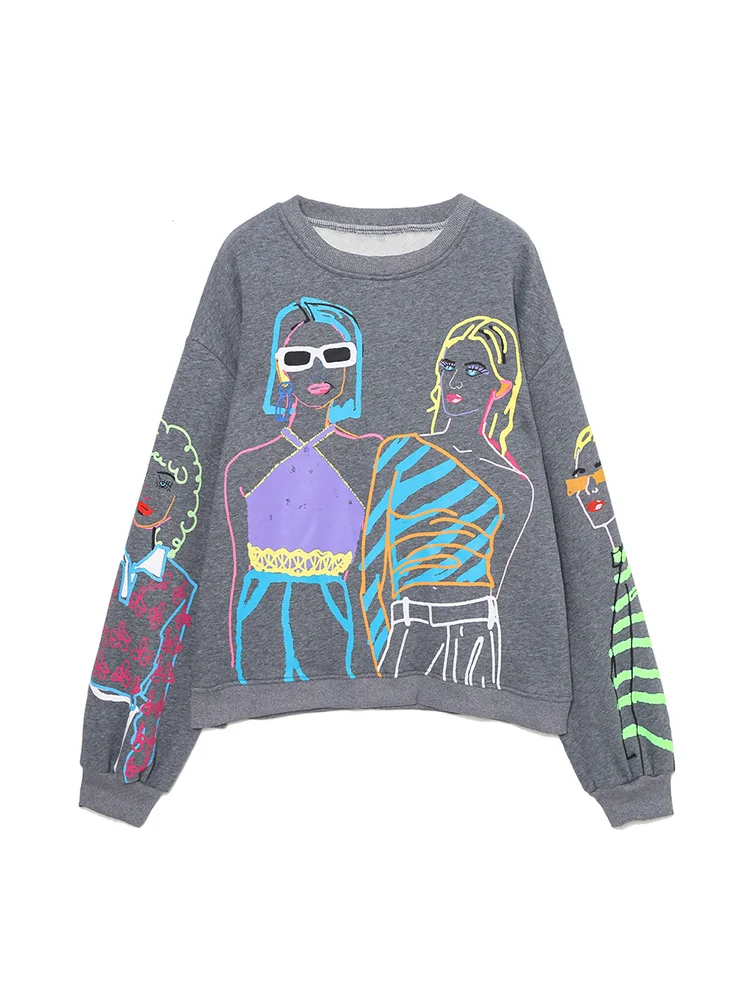 

2022 Модная женская одежда уличный стиль с длинным рукавом для девочек толстовка с принтом ребристая отделка круглый вырез негабаритные хлопчатобумажные толстовки